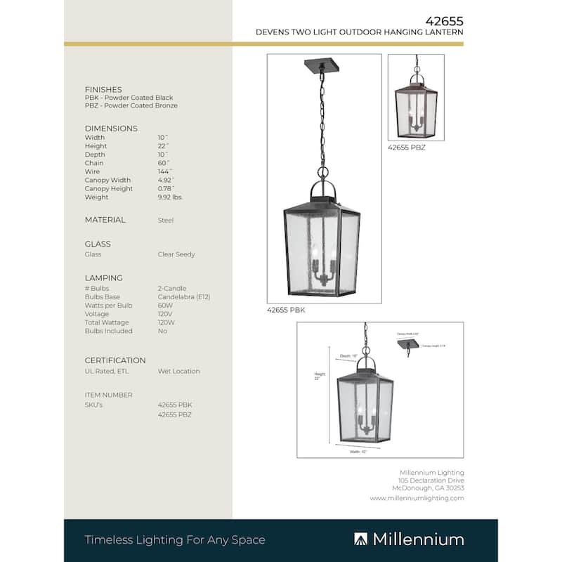 Millennium Lighting Caswell 4 Light Outdoor Hanging Lantern in Powder Coated Black with Clear Seeded Glass Shades