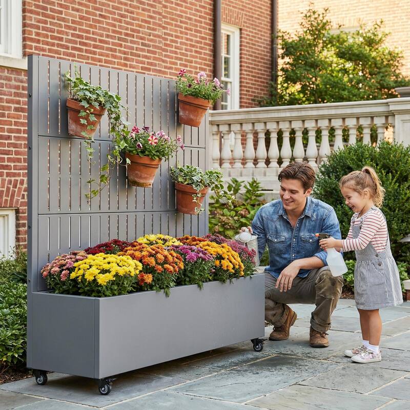 Raised Garden Bed Planter with Trellis Movable Planter Box with Lockable Wheels