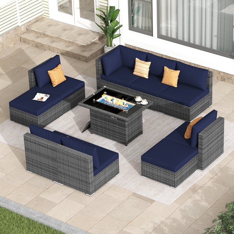 FINCATI 10-Piece Outdoor Wicker Sectional Furniture Set with Fire Pit Table for Backyard Patio - 10 PCS