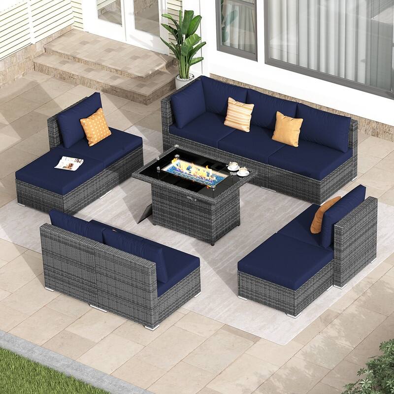 FINCATI Outdoor High-back Wicker Patio Sectional Set, 500 lbs Luxury Oversized Conversation Set, Spacious Couch Set - 162100 - Navy Blue