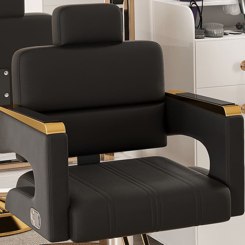 Roomfitters Hydraulic Barber Chair, Heavy Duty Reclining Salon Styling Chair with Gold Armrests, Black