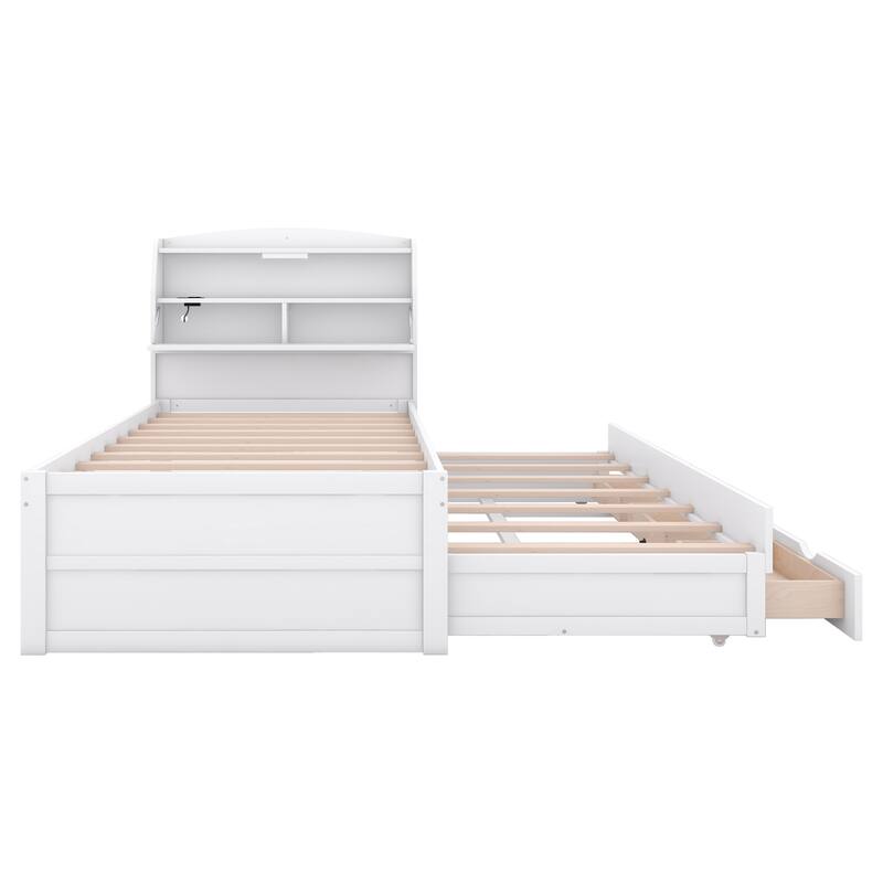 White Twin Size Wooden LED Platform Bed with Trundle,Storage Headboard and Drawers for Bedroom