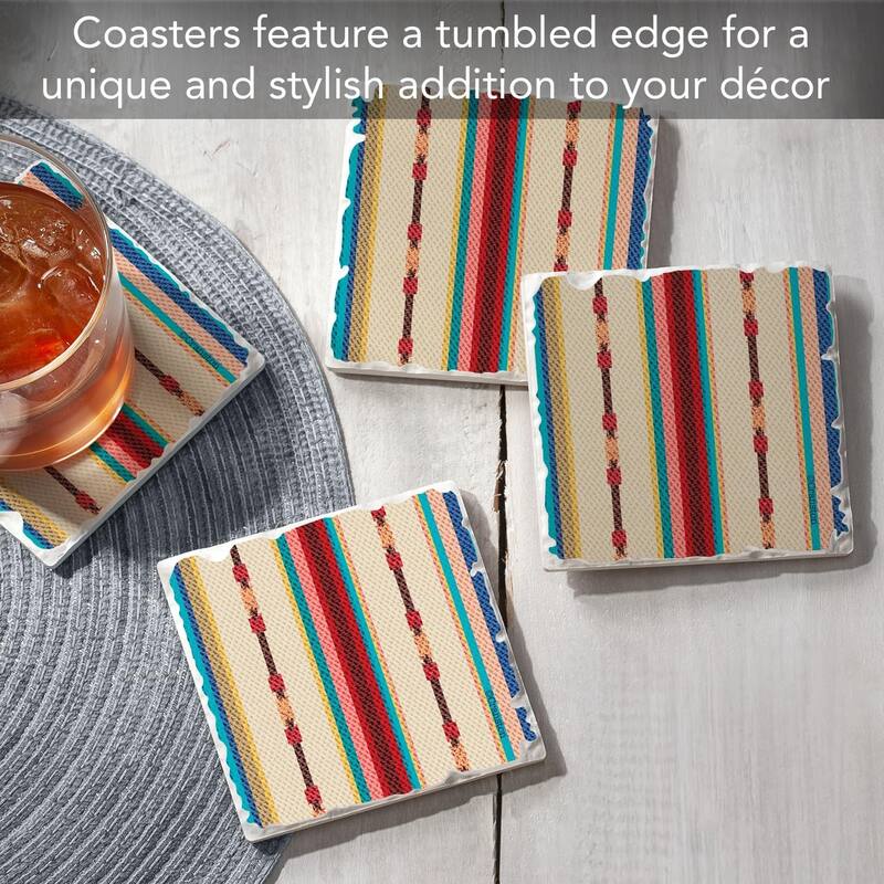 Southwest Multi-Stripe 4-Pack Absorbent Stone Coasters with Protective Cork Backing 4" Square Made in The USA Easily Wipes Clean