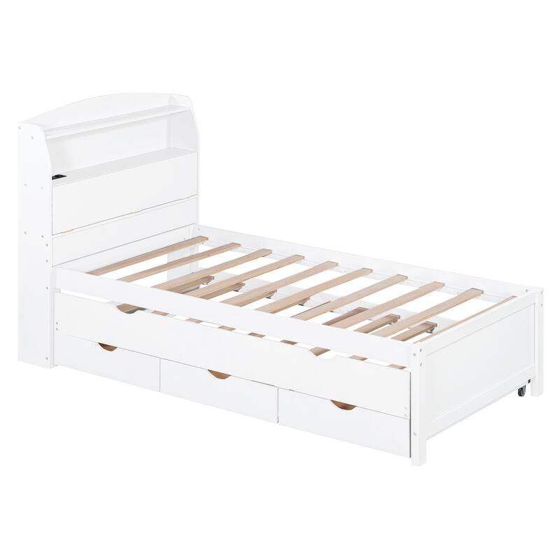 Twin Size Wooden LED Platform Bed with Trundle, with Storage Headboard, with Drawers, White