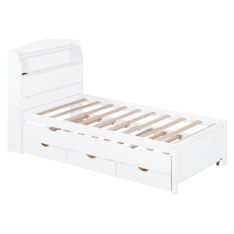 Twin XL Platform Bed with LED Headboard & USB Ports, Wooden Bed Frame with Trundle, 2 Storage Drawers, No Box Spring Needed