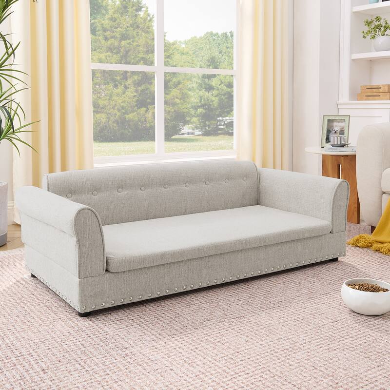 Oversized Pet Sofa, Elegant Modern Linen Fabric Elevated Dog Sofa Bed, Oversized Rectangular Pet Bed with Backrest & Armrest