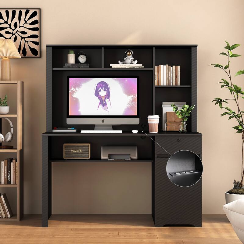 51.2-Inch Computer Desk Executive Desk with Charging Station, Lockable Drawer and Bookshelf for Home Office