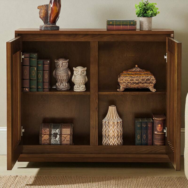 Mid-Century Modern Fluted Sideboard Cabinet with Outlet Holes, Solid Wood Buffet Storage Cabinet for Living Room