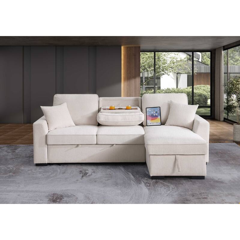 Chenille Reversible Sectional Sofa Convertible Pull Out Couch Bed