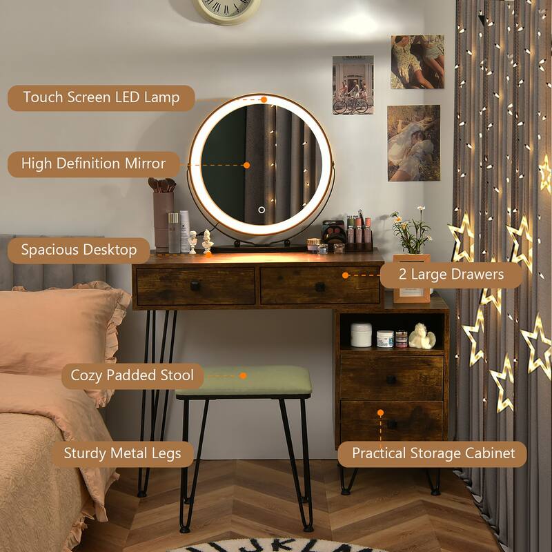 Costway Vanity Table Stool Set Dimmer LED Mirror Large Storage Cabinet - See details