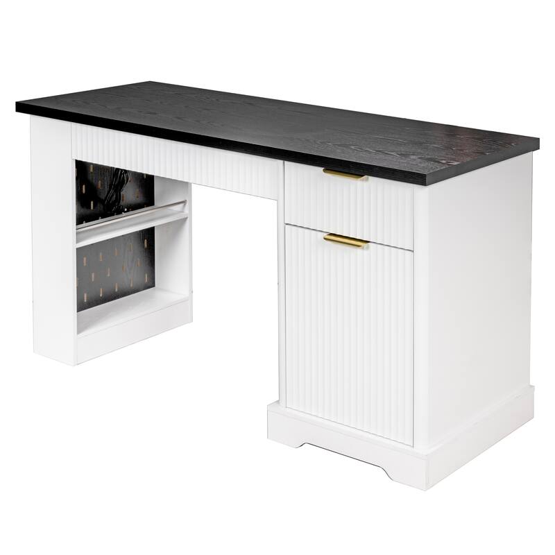 55" Modern Office Desk with Storage, Power Outlet, Pegboard & Keyboard Tray