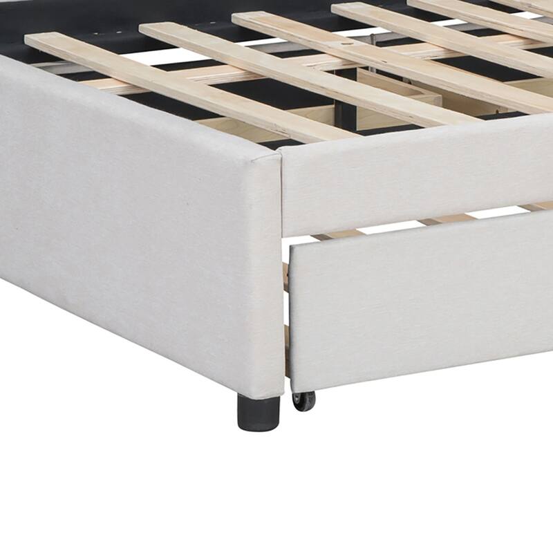 Stylish Linen Fabric Upholstered Platform Bed with Two Drawers and a Trundle Bed