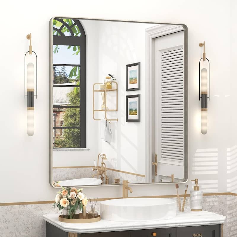 Aluminum alloy Framed Tempered Glass Wall Bathroom Vanity Mirror - 36" x 32" - Silver