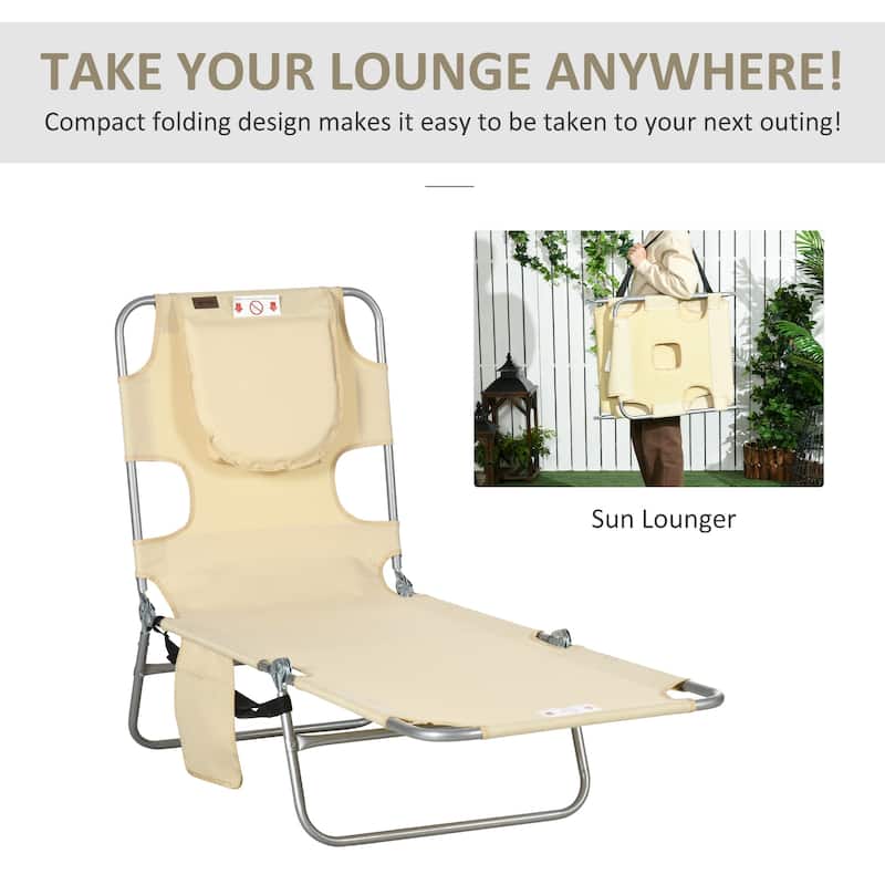 Outsunny Folding Beach Lounge Chair with Face Hole and Arm Slots, 5-level Adjustable Sun Lounger Tanning Chair with Pillow