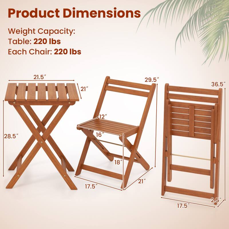Gymax 3 PCS Outdoor Wood Bistro Set w/ 2 Folding Chairs & Dining Table