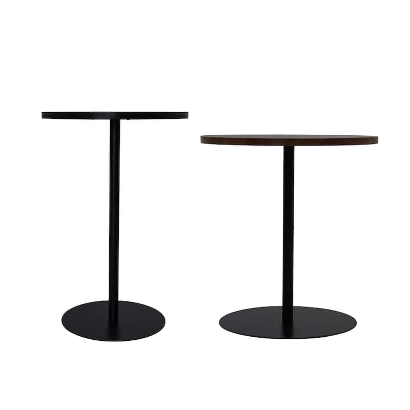 Set of 2 Small Round Side Table Wooden Concentric Circles Coffee Table for Two Metal Pedestal Nightstand for Corner Small Space