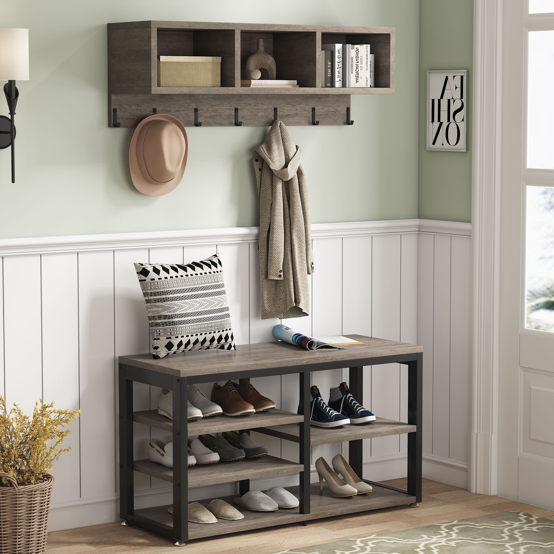 Entryway Coat Rack Shoe Bench Set, Hall Tree with 18 Shoe Cubbies - On Sale  - Bed Bath & Beyond - 36484396