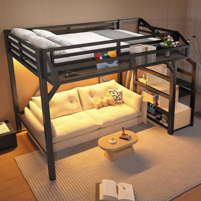 Roomfitters Metal Loft Bed with Wardrobe and Storage Stairs, LED Lights and USB