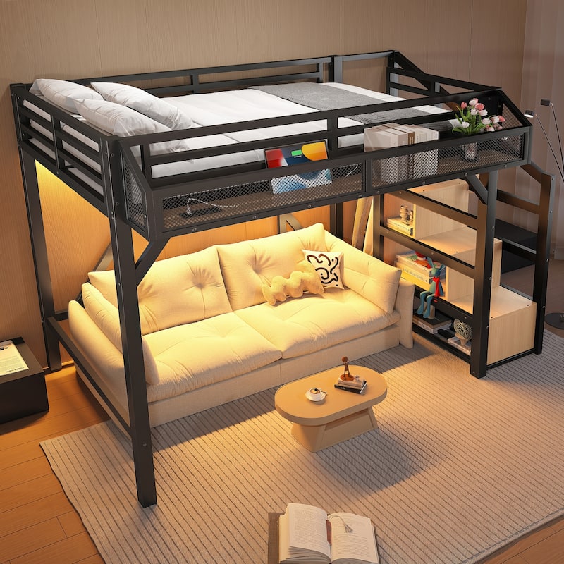 Twin Loft Bed with Storage Stairs, Shelves and Built-in Wardrobe, Metal Loft Bed Frame with USB Ports and LED Lights
