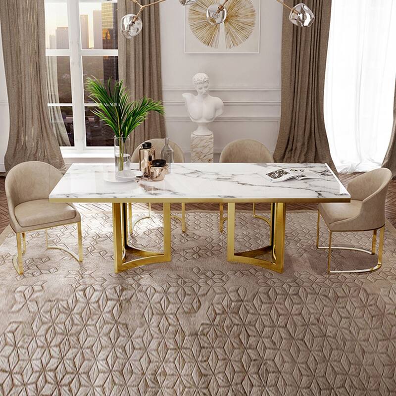 Modern Marble Dining Table with White Rectangular Tabletop Gold Stainless Legs, Dining Room Table for 4-6 - 63"