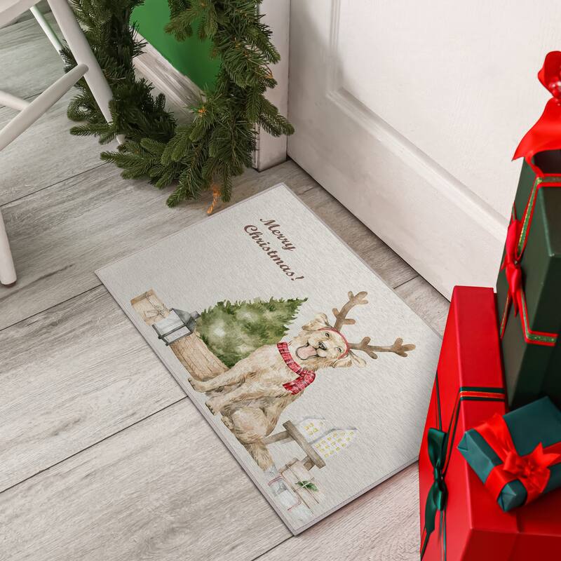Indoor/ Outdoor Cozy Winter Taupe Washable Christmas Dog Rug - 1'8" x 2'6" - Taupe