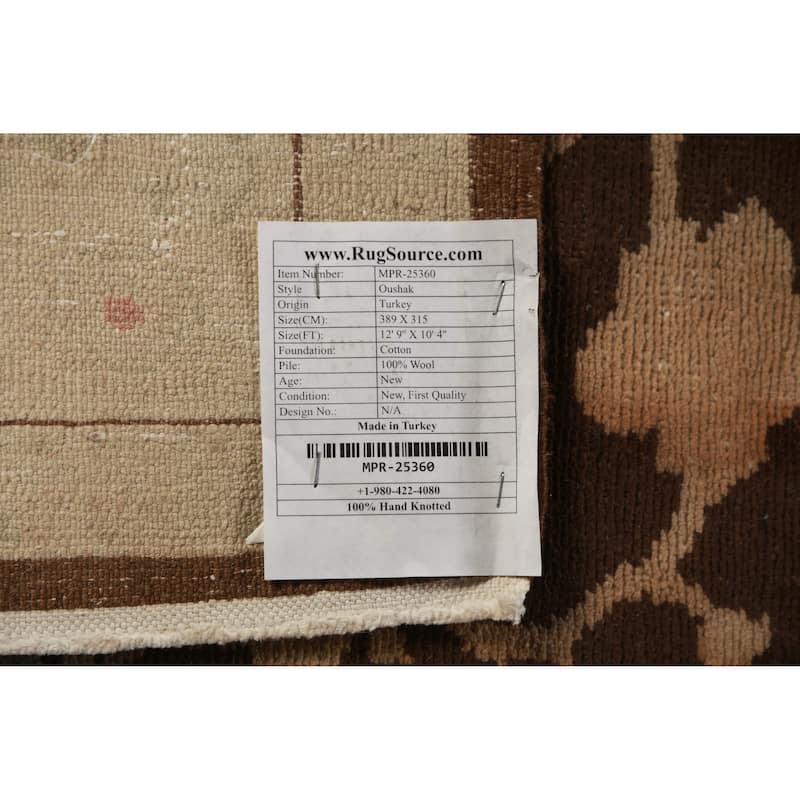 Vegetable Dye Brown Floral Oushak Turkish Rug Hand-Knotted Wool Carpet - 10'4"x 12'9"