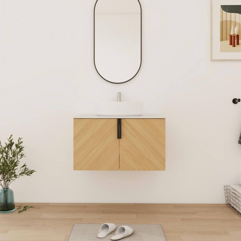 Bathroom Vanity With Sink In 30/36 Inch, Floating Bathroom Vanity With 2 Soft Close Doors - 29.5''W×18.88''D×21.8''H - Beige-Glossy White Sink