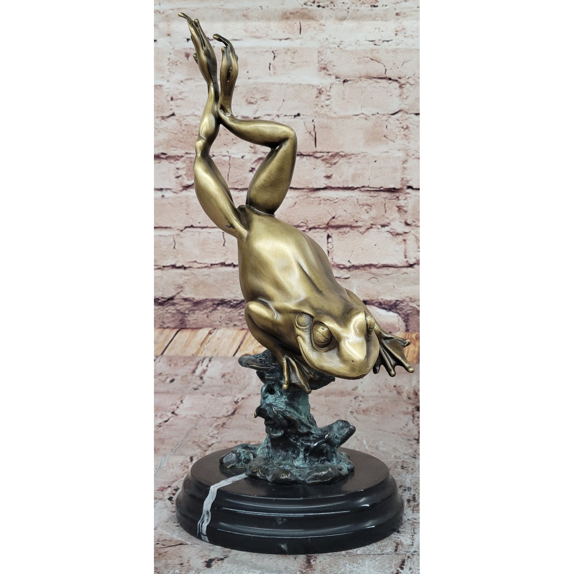 Hot Cast Bronze Leaping Frog W/ Gold Patina On Marble Base - Original Art By Milo
