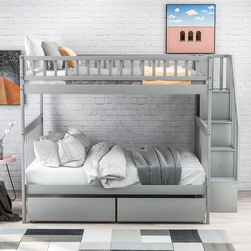 Full over Full Bunk Bed with 2 Drawers and Storage, White