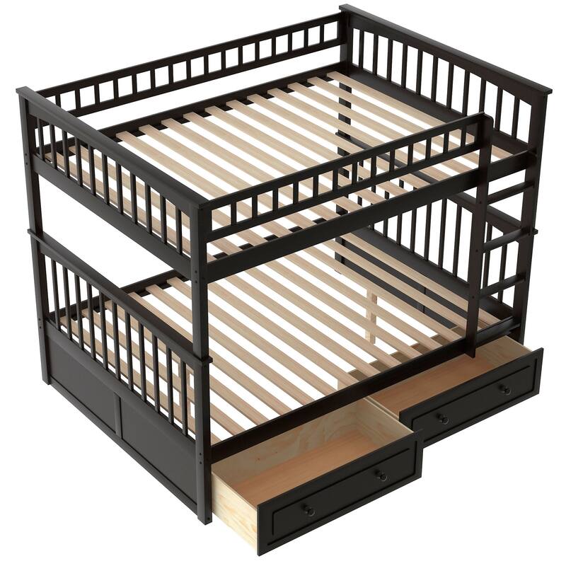 Wooden Storage Bunk Bed Frame with Fence-shaped Guardrails and Pull-out Drawers, Convertible 2 Platform Beds, Detachable Design