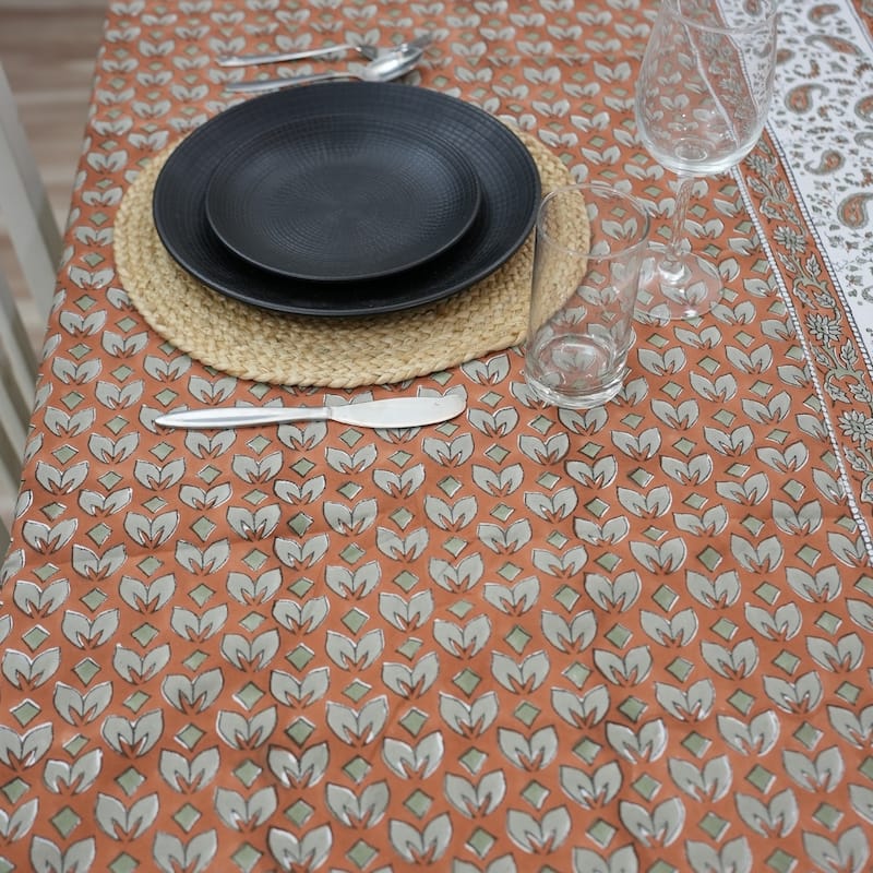 Fabdivine Floral Cotton Table Cover or Cloth Handmade Block Print for Dining & Home Décor Accent