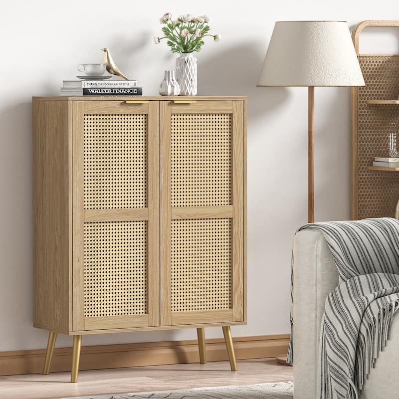 16 Pairs Rattan Shoe Storage Cabinet Freestanding Shoe Rack Organizer for Entryway