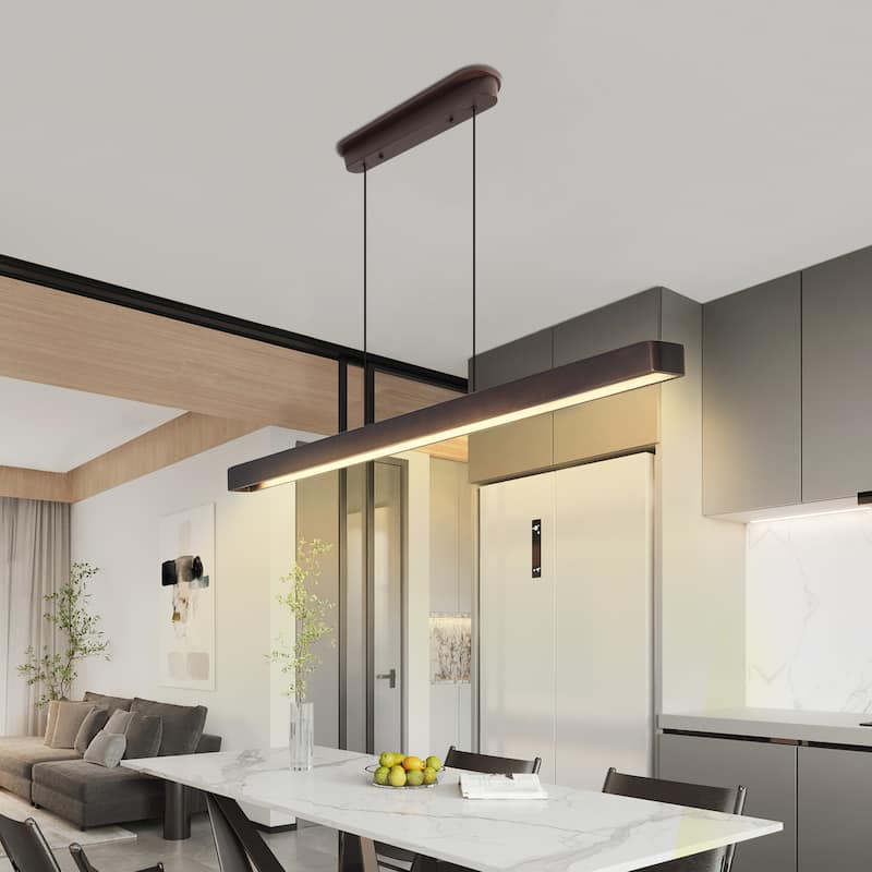 51-inch Walnut Wood Modern LED Pendant Light, Adjustable Hanging Light for Dining Room, Kitchen, Living Room