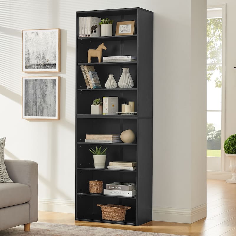 Modular 8-Tier Storage Cabinet –Convertible Bookcase with Adjustable Shelves, Dual-Layer Design Separates into Two 4-Layer Units - Black