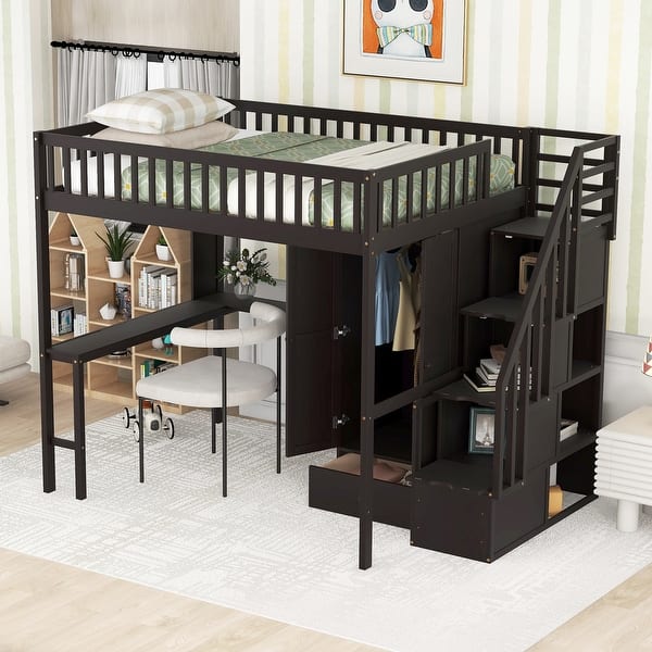 slide 2 of 54, Loft Bed with Bookshelf,Drawers,Desk,and Wardrobe