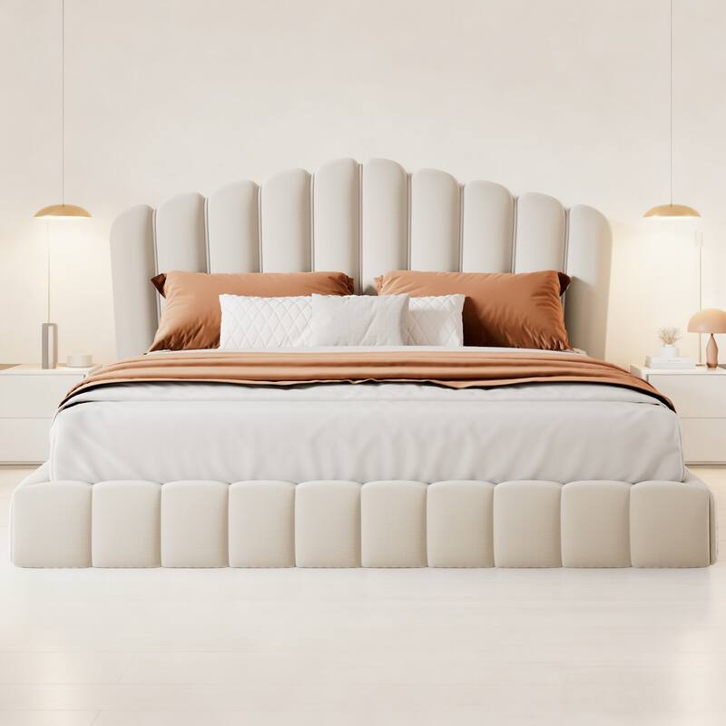Velvet Upholstered Queen Bed Frame Shell-Shaped Headboard