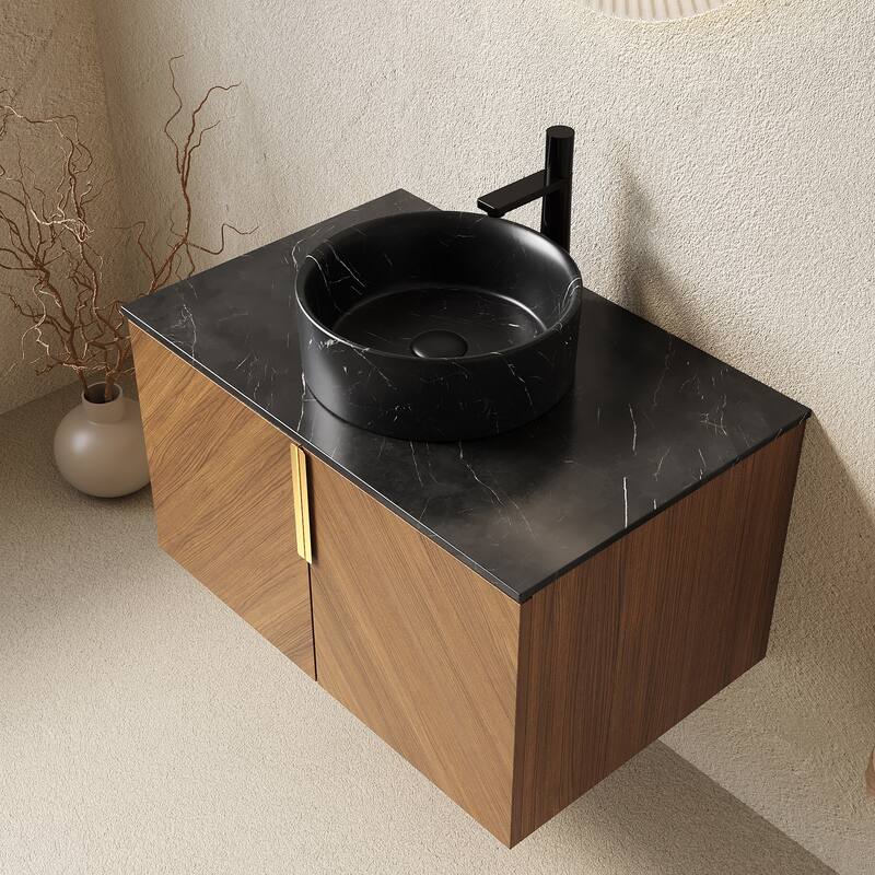 30" Bathroom Vanity Sink, Floating Plywood Bathroom Storage Cabinet with 2 Doors, Sintered Stone Countertop Round Ceramic Basin