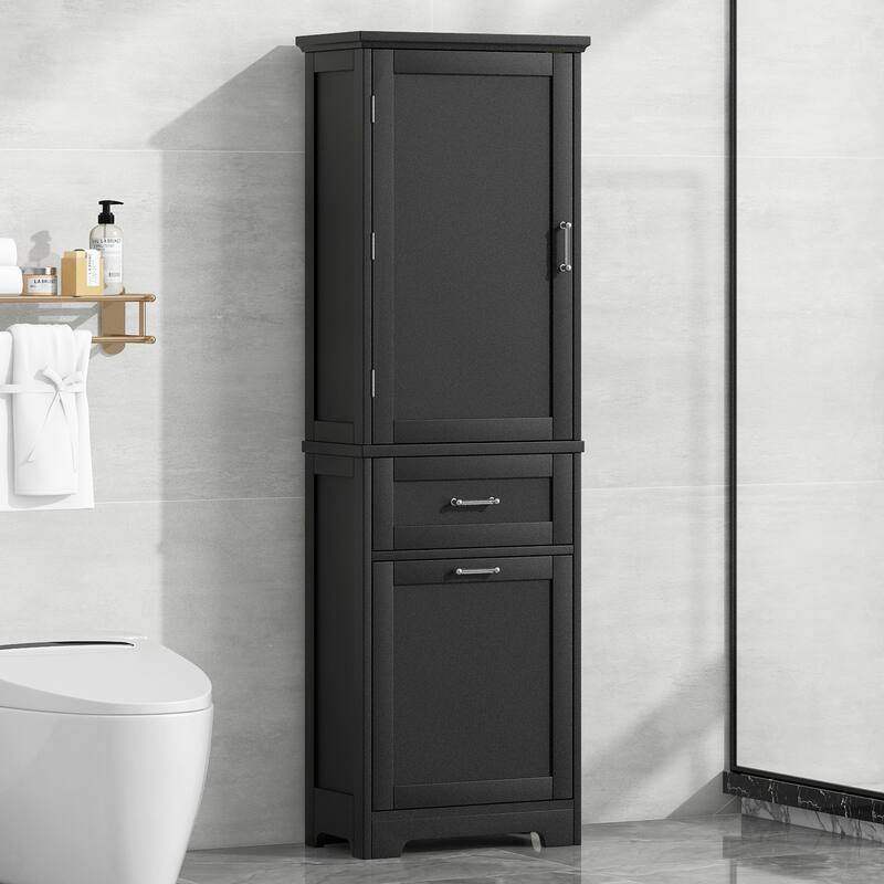 Roomfitters 63" Tall Bathroom Storage Cabinet, Freestanding Linen Tower with 2 Drawers and Adjustable Shelves, Black - Black