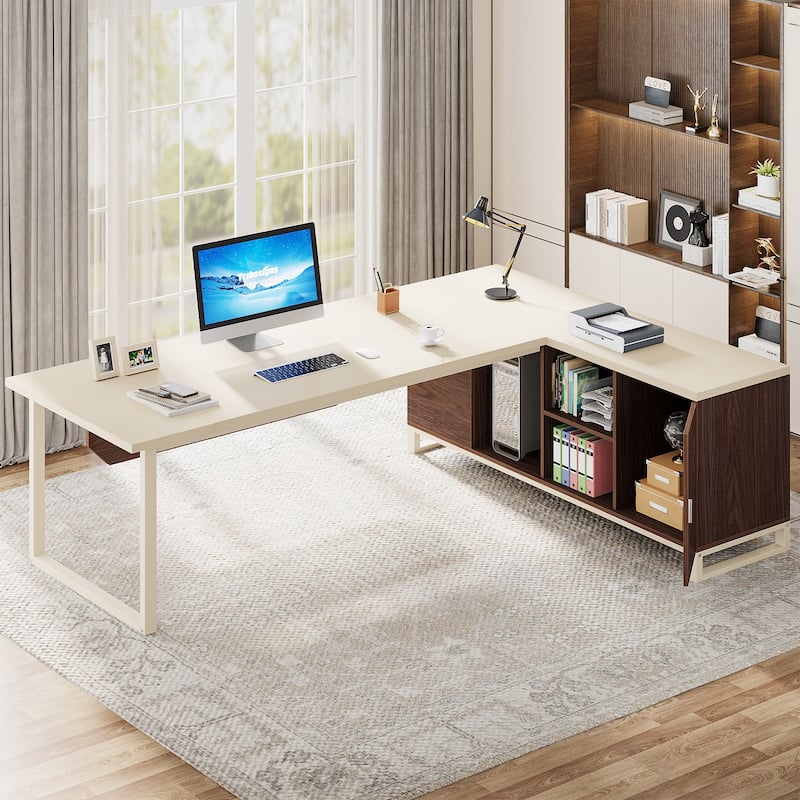 70.8-Inch Executive Desk with 55-Inch File Cabinet, Large L Shaped Computer Desk with Storage Cabinet and Shelves