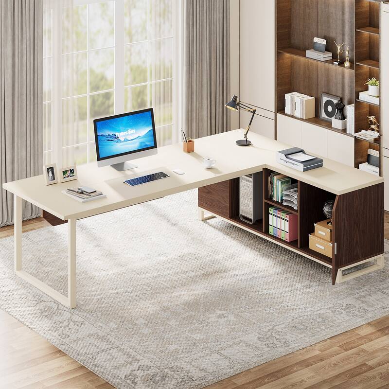 70.8-Inch L Shaped Executive Computer Desk with Storage Cabinet and Shelf - Brown+Off White