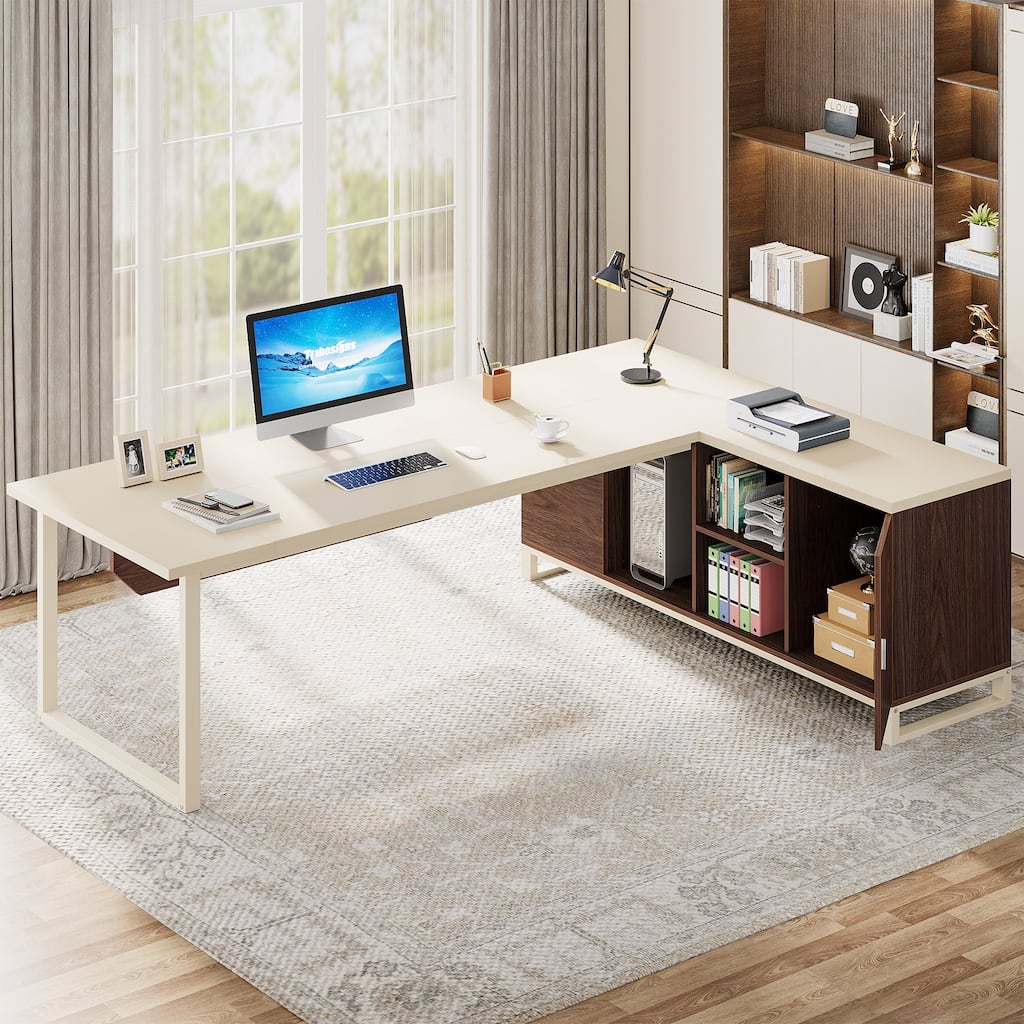 70.8-Inch L Shaped Executive Computer Desk with Storage Cabinet and Shelf