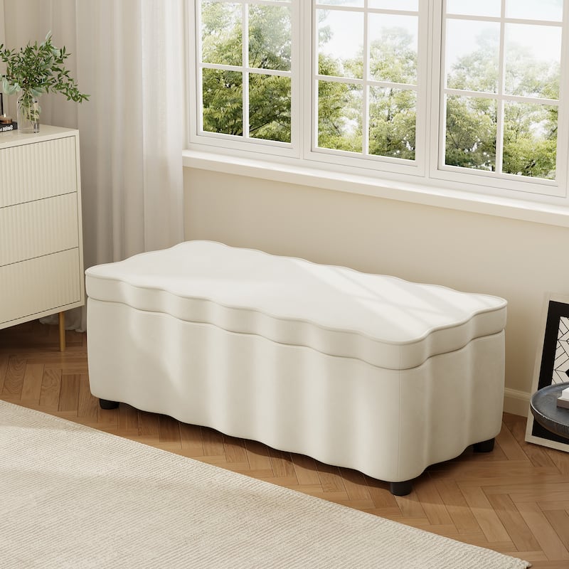 Christopher Knight Home - Milan Modern Velvet Storage Ottoman with Scalloped Design - White