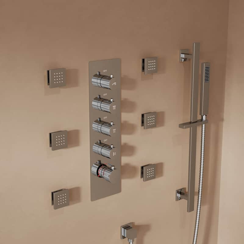 GRANDJOY Shower System 16 inch Rainfall Ceiling and 6 inch Wall Mount Dual Shower Head Handheld Spray Slide Bar Thermostatic