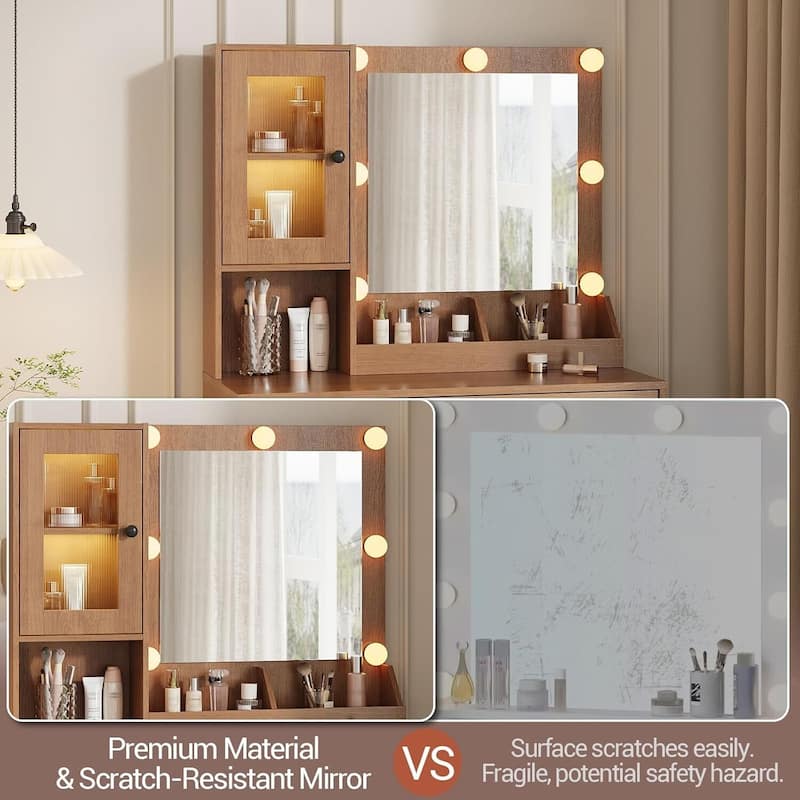 Vanity Desk, Makeup Dressing Table with LED Lights, Mirror, Built-in Outlets & USB Ports