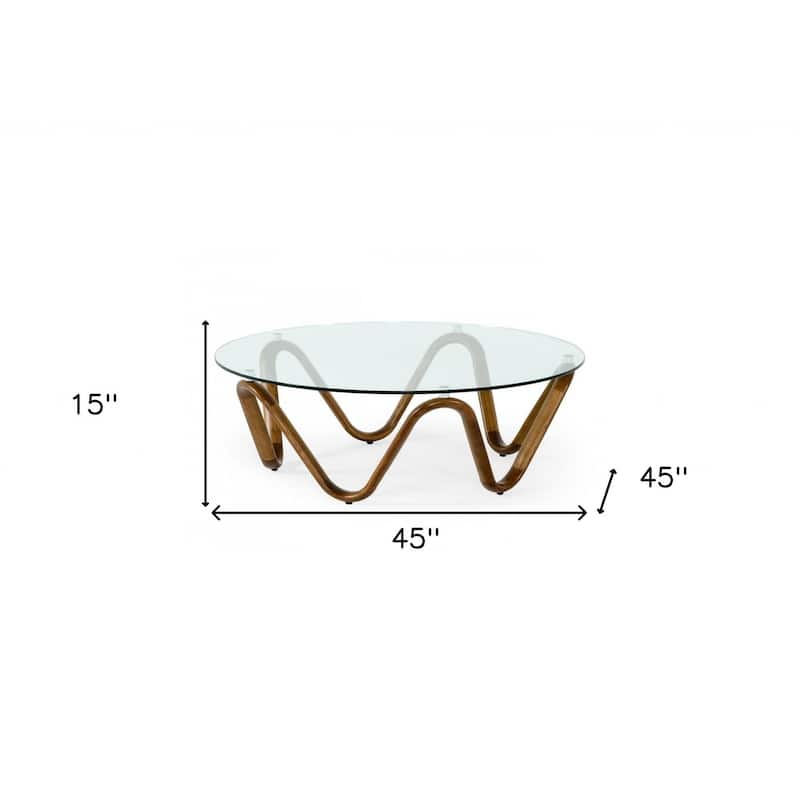 HomeRoots 45" Walnut And Clear Glass Abstract Wood Round Coffee Table - 45 x 45 x 15
