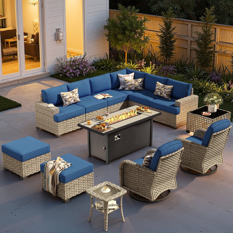 XIZZI 13-Piece Outdoor Wicker Sectional Swivel Chairs Set with Firepit Table - Navy Blue