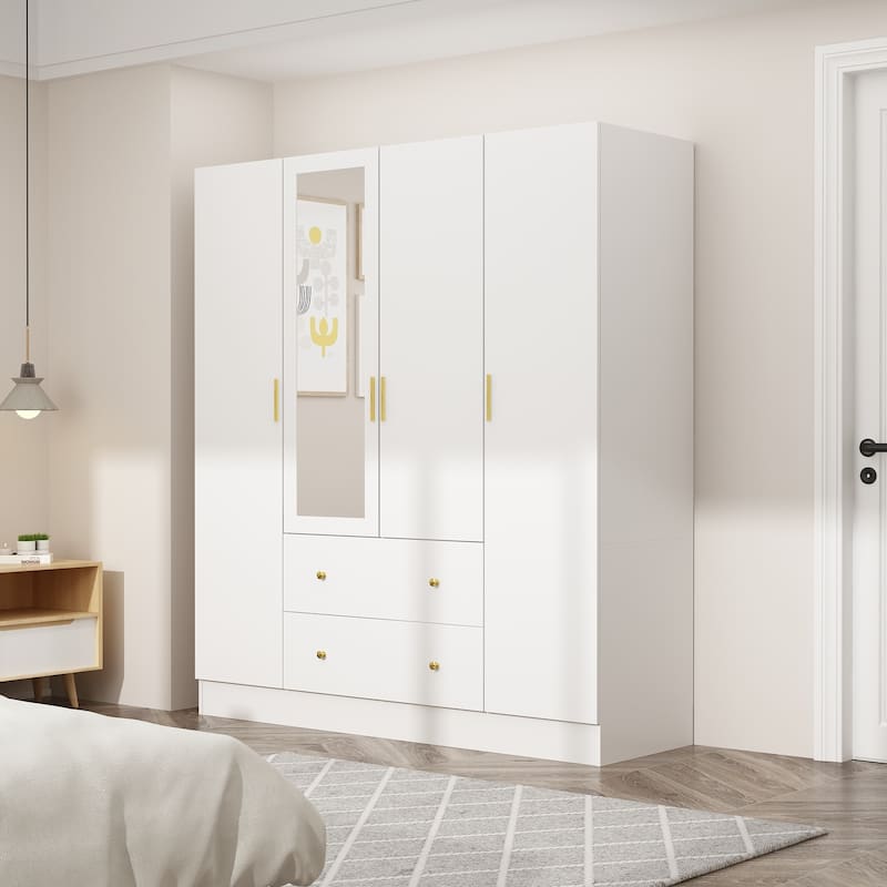 4 Door Wardrobe Large Storage Cabinet Armoire with Mirror and 2 Drawer