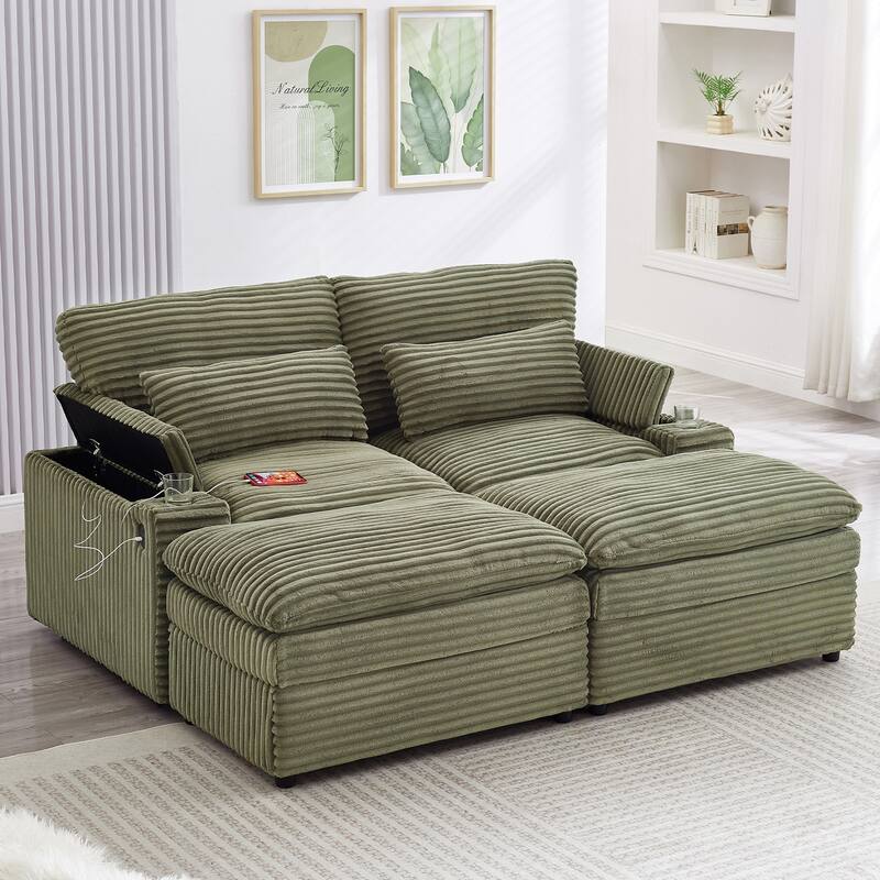 L-Shaped Corduroy Sectional Sofa w/ USB Ports & Cup Holders, 2-seater Sofa Loveseat w/ 2 Ottomans, Convertible Sleeper Sofa Bed