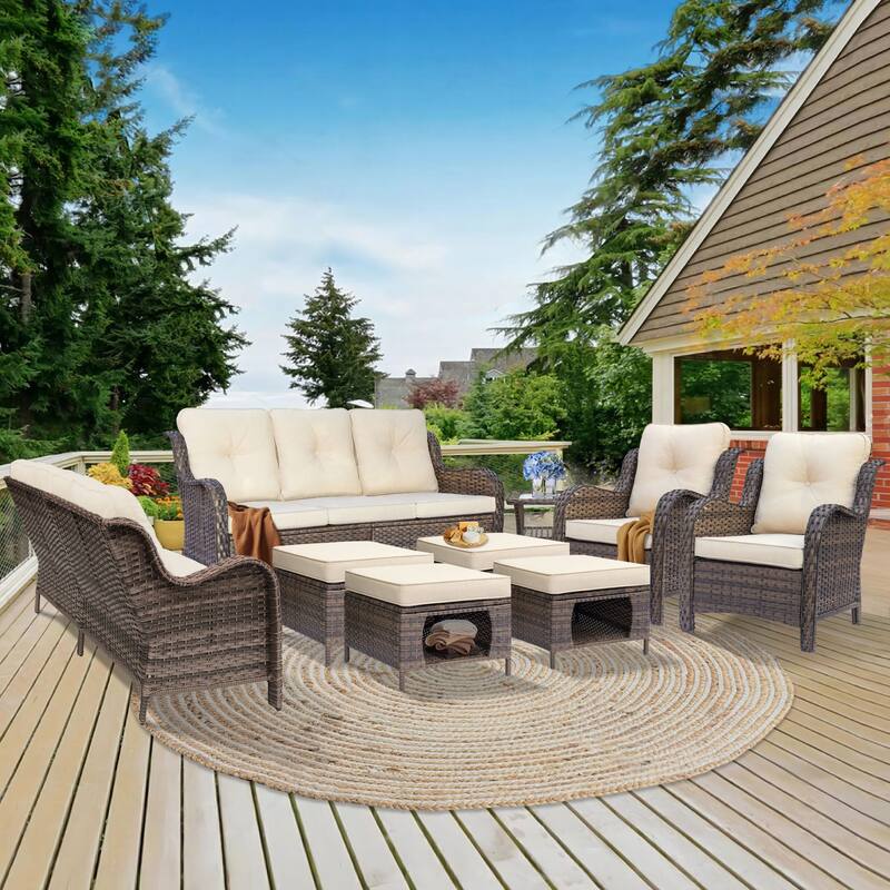 9 Piece Wicker Outdoor Patio Furniture Seating Sofa Conversation Sets - Cream-Brown Rattan