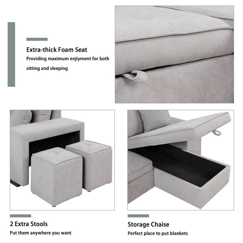 3 Seat L-Shape Sectional Couch, Pull Out Sleeper Sofa with Storage Chaise, Stools